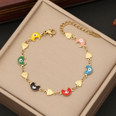 Bracciale Cuore Malocchio Acciaio Inossidabile Smalto Ciondolo Colorato Regolabile Placcato Oro Gioielli Di Moda Boemia