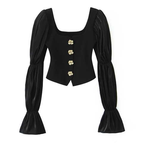 Eckiger Ausschnitt Langarm T-Shirt Elegant Satin Puffärmel Slim Fit Matt Körper Goldene Rosenknöpfe Damen