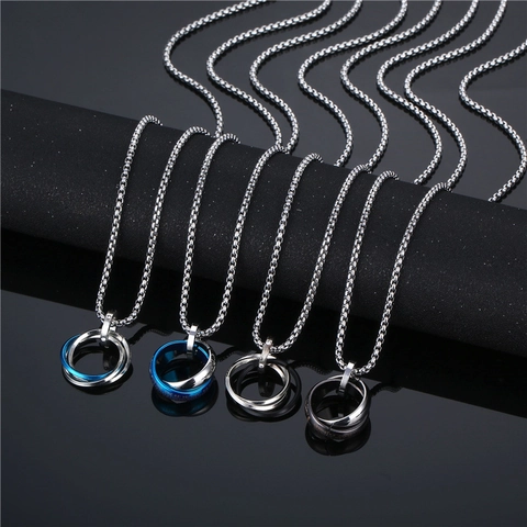 Interlocking Rings Pendant Necklace Titanium Stainless Steel Engraved Geometric Rhinestone Hip Hop Jewelry For Men Women