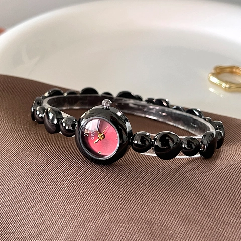 Women Bracelet Quartz Watch Elegant Round Alloy Beaded Chain Wristwatch Minimalist Roman Numeral Waterproof Fashion Jewelry
