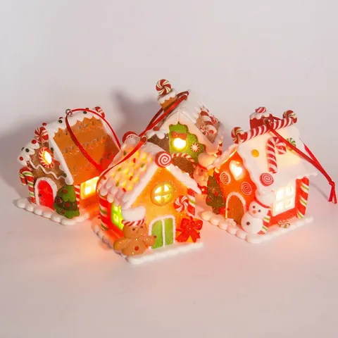 Christmas Gingerbread House Hanging Ornament Polymer Clay Resin LED Light Up Glowing Festive Holiday Tree Decor