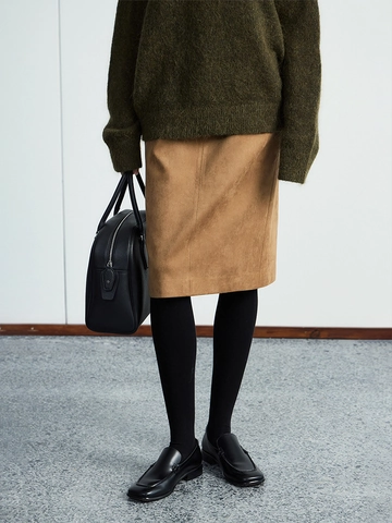 Suede Midi Skirt High Waist Straight Split Hem Elegant Office Commute Minimalist Slimming Bottoms