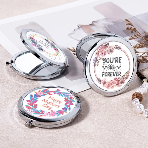 Tragbarer Runder Metall Kompaktspiegel Doppelseitig Faltbar Tasche Make-Up Geschenk Für Mutter Frau Geburtstag Blumendruck