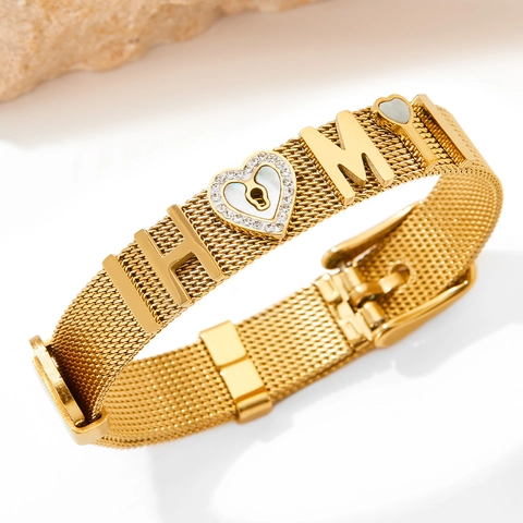 Pulsera De Malla De Acero Inoxidable Estilo Reloj Colgante Corazón Nácar Pedrería Letra Hebilla Ajustable Unisex