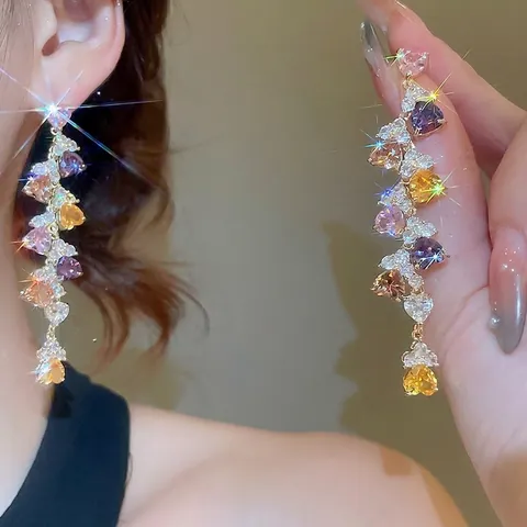 Heart Chandelier Drop Earrings With Multi Color Zircon And 925 Sterling Silver Earring Post Long Tassel Dangle For Women