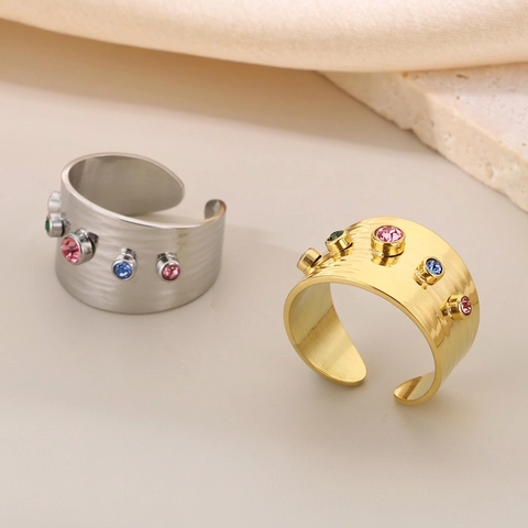Anello A Fascia Larga In Zircone Colorato Acciaio Inossidabile Geometrico Irregolare Trama Martellata Gioielli Regolabili Per Donna