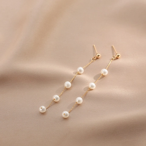 18K Gold Plated Copper Freshwater Pearl Long Tassel Drop Earrings For Women Silver Earring Post Minimalist Jewelry Gift