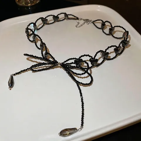 Schwarze Glasperlen Choker Kette Mit Legierungsschleife Und Wassertropfen Anhängern Vintage Stil Für Damen