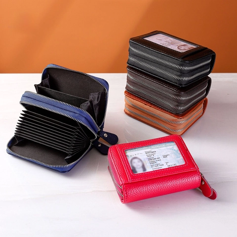Portafoglio Portacarte Blocco RFID Per Donna Pelle PU Motivo Litchi Doppia Cerniera Multi Slot Finestra ID