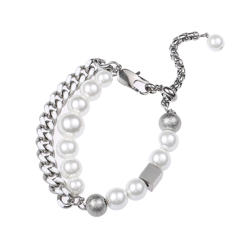 Double Layer Cuban Chain Bracelet With Titanium Steel And Imitation Artificial Pearl Beads Streetwear Retro Jewelry For Women Men