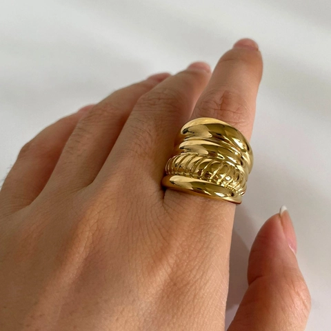 Chunky Multi Layer Ring 316L Stainless Steel 18K Gold Plated Twisted Rope Texture Wide Band Non Tarnish For Women