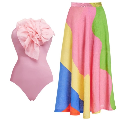 Costume Da Bagno Intero Con Scollo A V Allacciato Al Collo Con Decorazione Floreale 3D E Gonna Lunga Patchwork Color Block Da Donna
