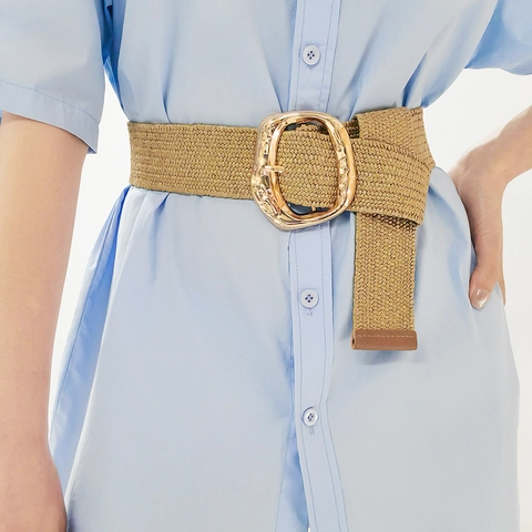 Vintage Damen Elastischer Webgürtel Breit Geometrische Goldene Legierungsschnalle Böhmischer Stil Stroh Wespentaille Für Kleid