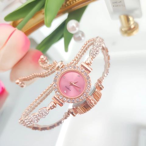 Women Quartz Watch Rhinestone Inlaid Fashion Elegant Bracelet Style Adjustable Pull-out Strap Alloy Ladies Luxury
