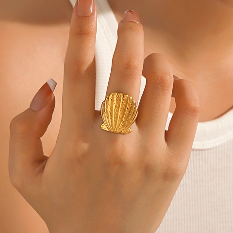 Anillo De Concha De Vieira Acero Inoxidable Texturizado Océano Verano Playa Joyería Para Mujer Moda Minimalista Dorado Al Vacío