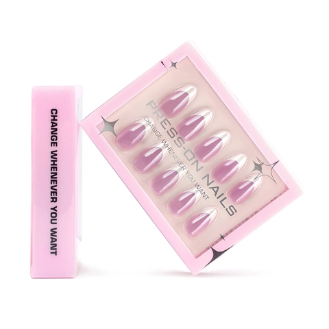 French Tip Press On Nails Almond Shape Pink White Minimalist Elegant Glossy Reusable Plastic False Finger Nails For Women