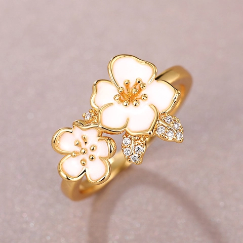 Elegant White Enamel Camellia Flower Ring For Women Sweet Copper Zirconia Floral Adjustable Finger Ring Jewelry Gift
