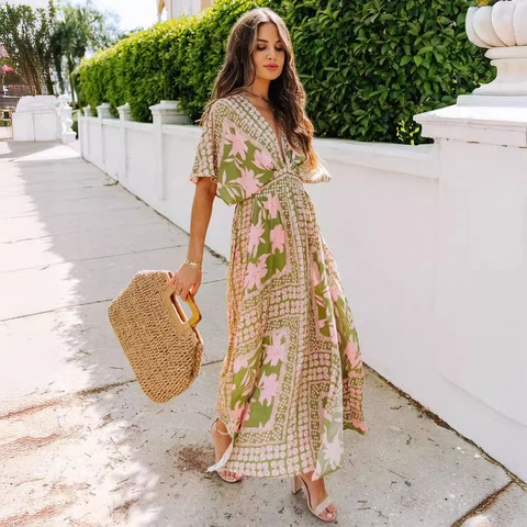 Boho Maxi Jurk Met Bloemenprint Polyester Diepe V Hals En Hoge Split Vleermuismouwen Hoge Taille Sexy Zomervakantie Voor Dames