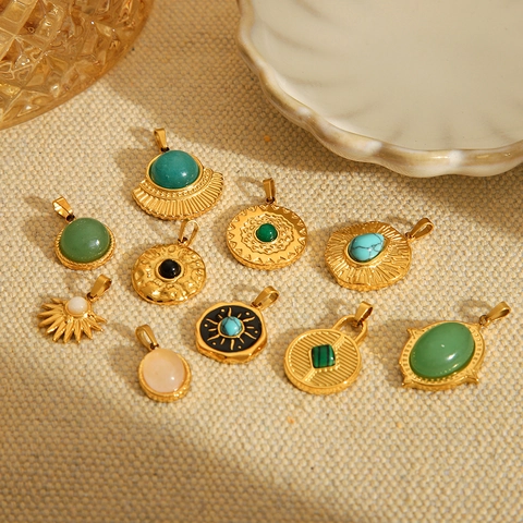 Vintage Edelstahl Anhänger Mit Naturstein Inlay Vergoldet Retro Bohemian Stil Für DIY Schmuckherstellung