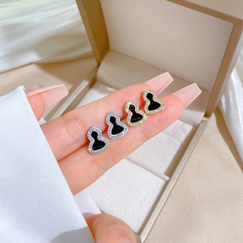 Titanium Steel Gourd Stud Earrings With Black Enamel And Zircon Rhinestones Minimalist Jewelry For Women