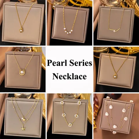 Elegant Faux Artificial Pearl Necklace Titanium Steel Gold Plated French Retro Clavicle Chain Jewelry For Women Minimalist Design