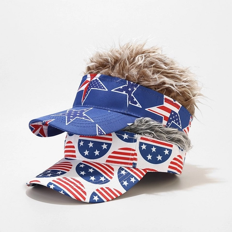 Gorra Con Visera Y Peluca De Pelo Falso Novedad Estrellas Rayas Bandera Usa Arcoíris Fiesta Poliéster Algodón
