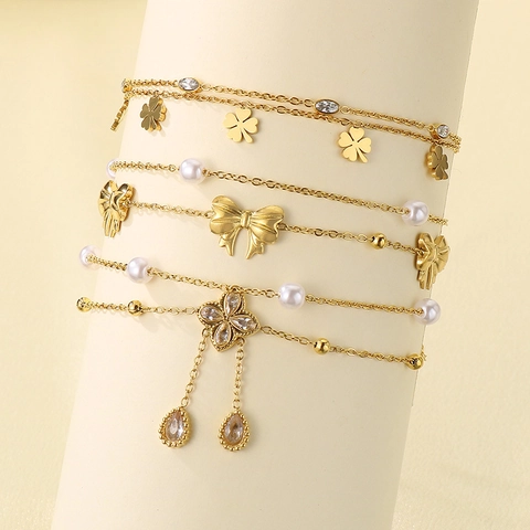 Titanium Stahl Fußkettchen Mit Künstliche Perle Zirkon Kleeblatt Schleife Anhänger Mehrlagig Strand Schmuck Für Frauen Elegant Vergoldet