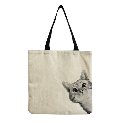 Lindo Gato de Dibujos Animados Impresión Bolsa de Compras de Lino Gran Capacidad Bolsa de Hombro Reutilizable Mujer