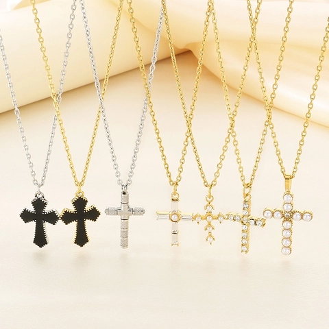 Roestvrijstalen Kruis Hanger Halsketting Voor Vrouwen Kunstmatige Parel Strass Ingelegde Mode-Sieraden Goud Zilver Hip Hop Ketting Accessoire