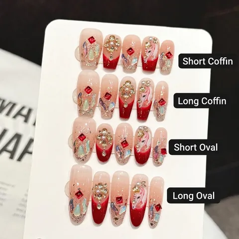Handmade Press On Nails Gradient Red Rhinestone Artificial Pearl Elegant Long Coffin Oval Fake Nails For Women