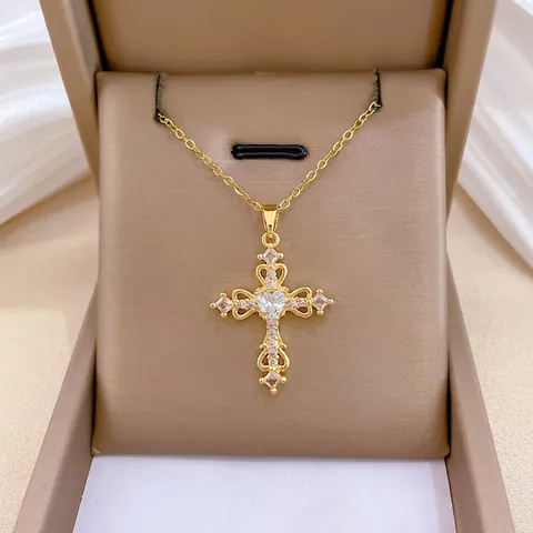 Hol Hart Kruis Hanger Ketting Met Roestvrijstalen Ketting En Koper Micro Pave Zirkonia Luxe Sieraden Voor Vrouwen