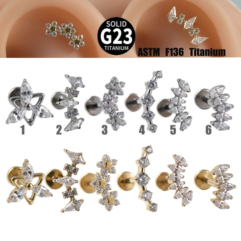 G23 Titanium Lip Ring Stud Internal Thread Flat Back Labret Piercing Marquise Cubic Zirconia Flower Curved Jewelry