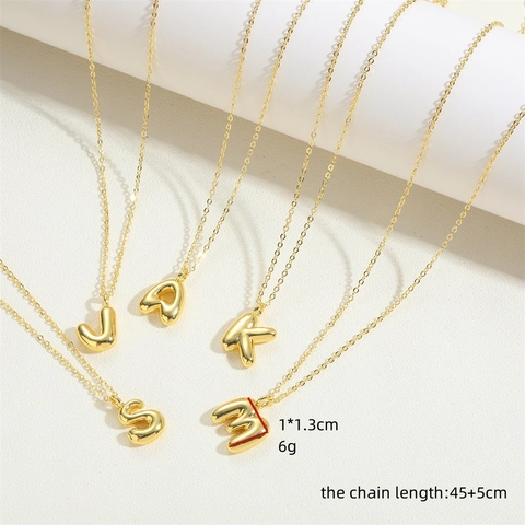 14K Gold Plated Copper Initial Pendant Necklace 3D Balloon Bubble Alphabet Charm Clavicle Chain Jewelry For Women