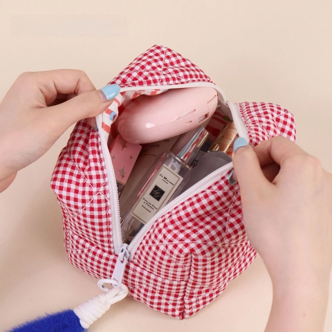 Borsa Per Cosmetici Trapuntata A Quadretti Bordo Arricciato Grande Capacità Cerniera Pochette Trucco Con Manico Peluche