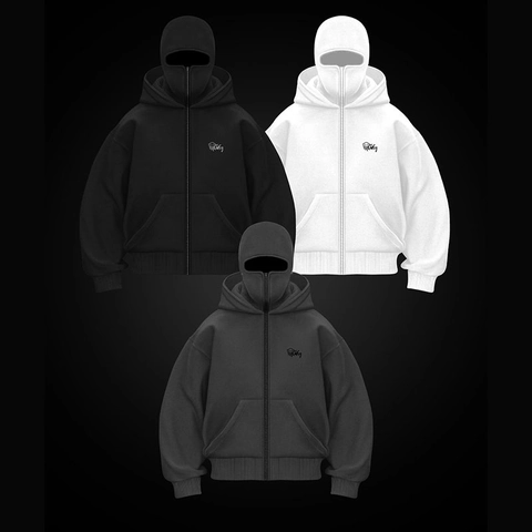 Men Streetwear Y2K Balaclava Full Zip Hoodie Embroidered Polyester Hooded Sweatshirt Oversized Double Hood Face Mask Top