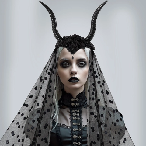 Serre-tête Cornes Gothiques Avec Voile Résille À Pois Noir Diable Corne De Mouton Avec Fleurs Halloween Cosplay Costume