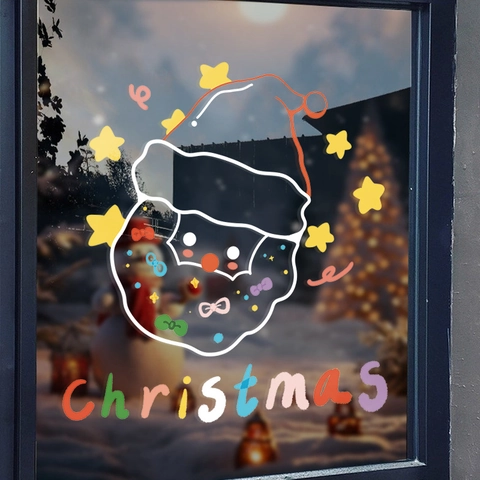Christmas Window Sticker Static Cling Decal Santa Claus Stars Cartoon Glass Decor Double Sided UV Printing Reusable Holiday