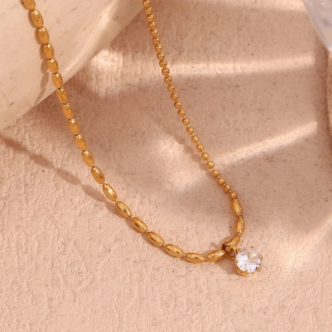 Collier Minimaliste en Acier Inoxydable Plaqué Or pour Femme Chaîne Asymétrique à Billes Pendentif Strass Bijoux de Mode