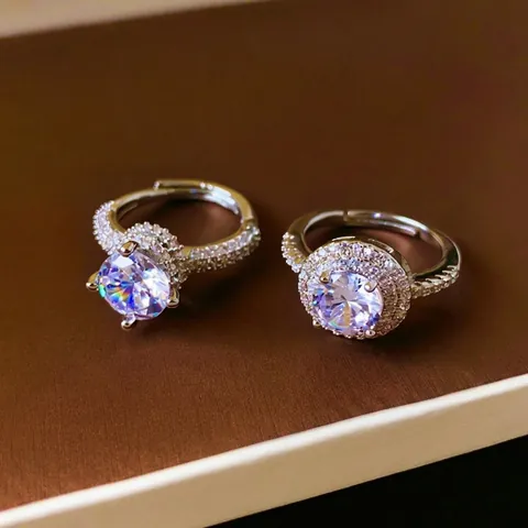 Elegant Silver Plated Copper Zircon Rings Adjustable Open Design Round Geometric Halo Luxury Jewelry For Women