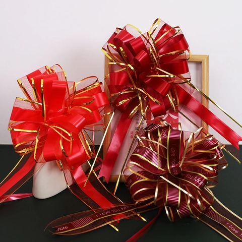 Large Wedding Car Rearview Mirror Pull Bows Decorative Ribbon Gauze Plastic For Gift Wrapping Party Red Gold Romantic