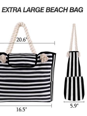 Canvas Beach Tote Bag With Cotton Rope Handles Side Pockets Small Pouch Printed Summer Vacation Travel Handbag Women