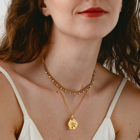 Collana Con Nappine In Acciaio Inossidabile Con Perle Tonde E Zirconia Placcata Oro 18K Impermeabile Gioielli Eleganti Da Donna