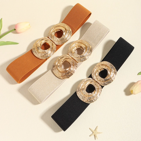 Women Wide Elastic Waist Belt Corset Gold Metal Buckle Spiral Texture Retro Elegant Dress Accessory