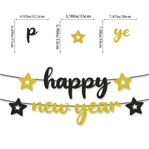 Striscione Happy New Year Nero Oro Glitter Carta Ghirlanda Per Decorazione Festa Capodanno Casa Celebrazione Da Appendere Al Muro