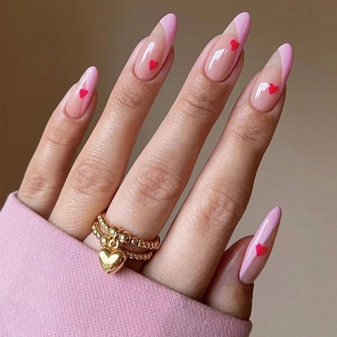 Sweet Style Roze French Tip Amandel Press On Nagels Met Rood Hartpatroon Glanzende Elegante Manicure Voor Vrouwen