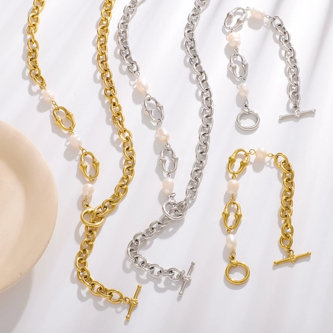 Collana E Bracciale Con Chiusura A Leva Acciaio Inossidabile Placcato Oro 18K Perla Artificial Naturale Gioielli Di Moda Asimmetrici