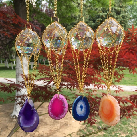 Attrape Soleil En Cristal Avec Tranche Agate Naturelle Prisme Décoration Jardin Fenêtre Pendentif Maille Métallique