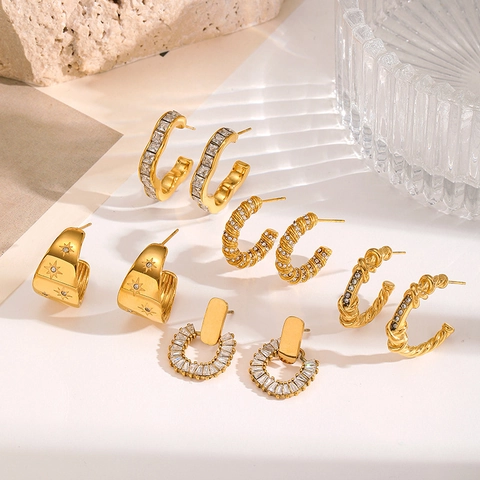 Gold Plated Stainless Steel C Shape Hoop Earrings For Women Twisted Rope Texture Rhinestone Inlaid Geometric Jewelry