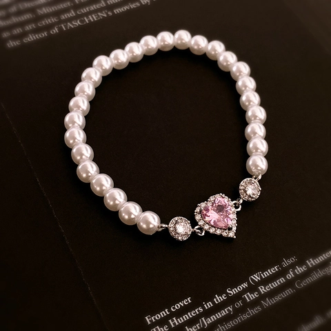 Pulsera De Perlas Artificiales De Imitación Corazón Rosa Circonita Elástica Elegante Joyería Para Mujer Accesorio