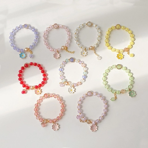 Crystal Beaded Bracelet Enamel Daisy Butterfly Floral Pendant Adjustable Jewelry For Women Girls